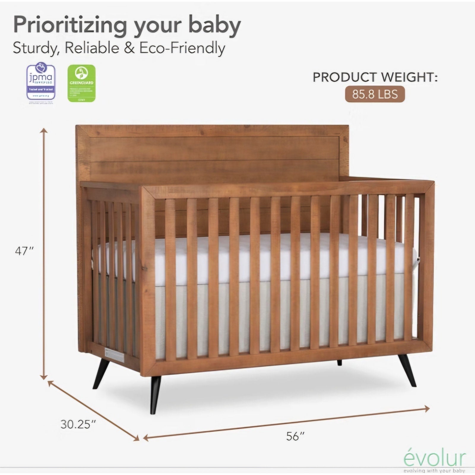 Evolur Stilnovo Mid-Century 4-in-1 Convertible Crib in Sugarcane – Greenguard Gold Certified, Solid Wood