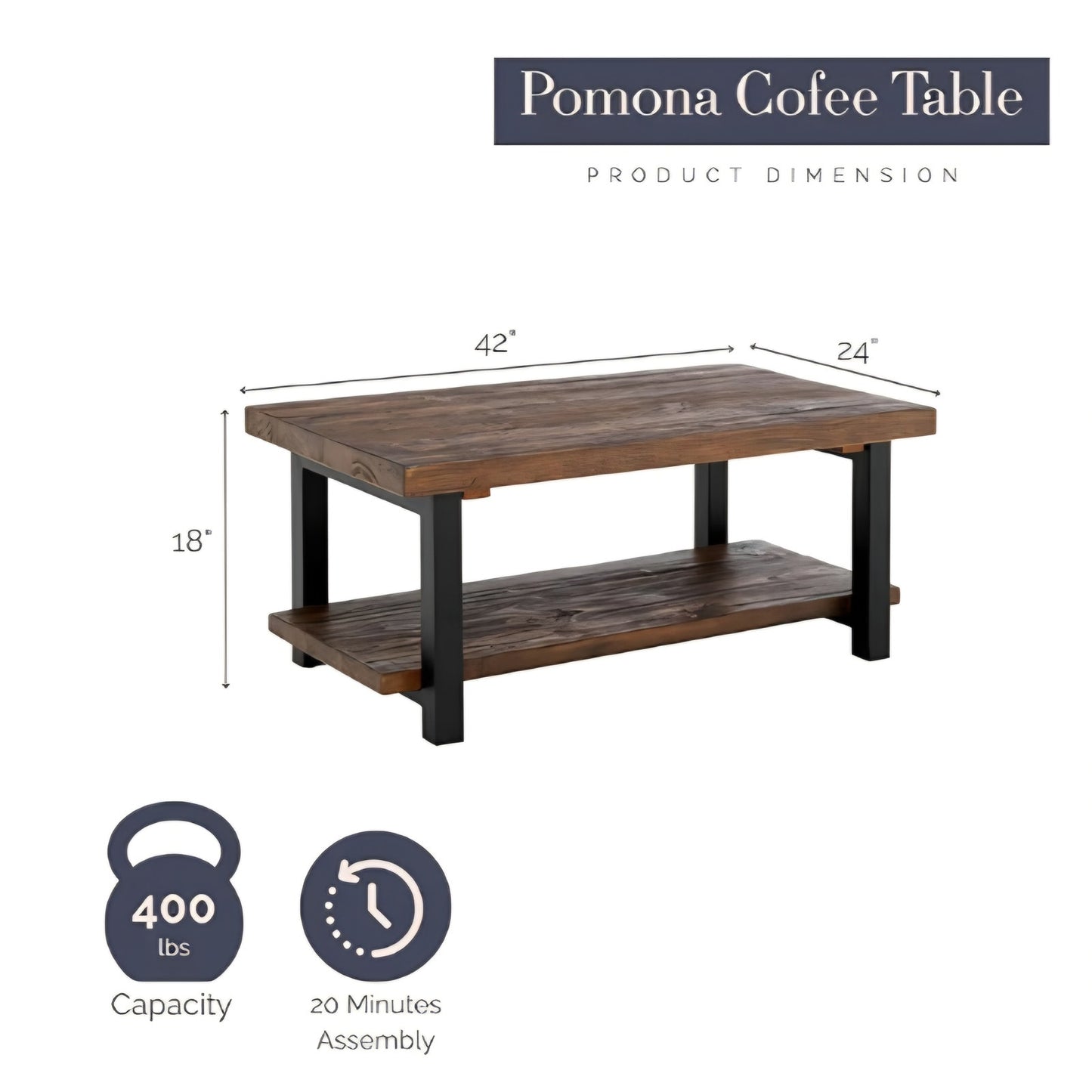 Rustic Coffee Table with Storage Shelf - 42-Inch Industrial Modern Metal and Solid Wood Living Room