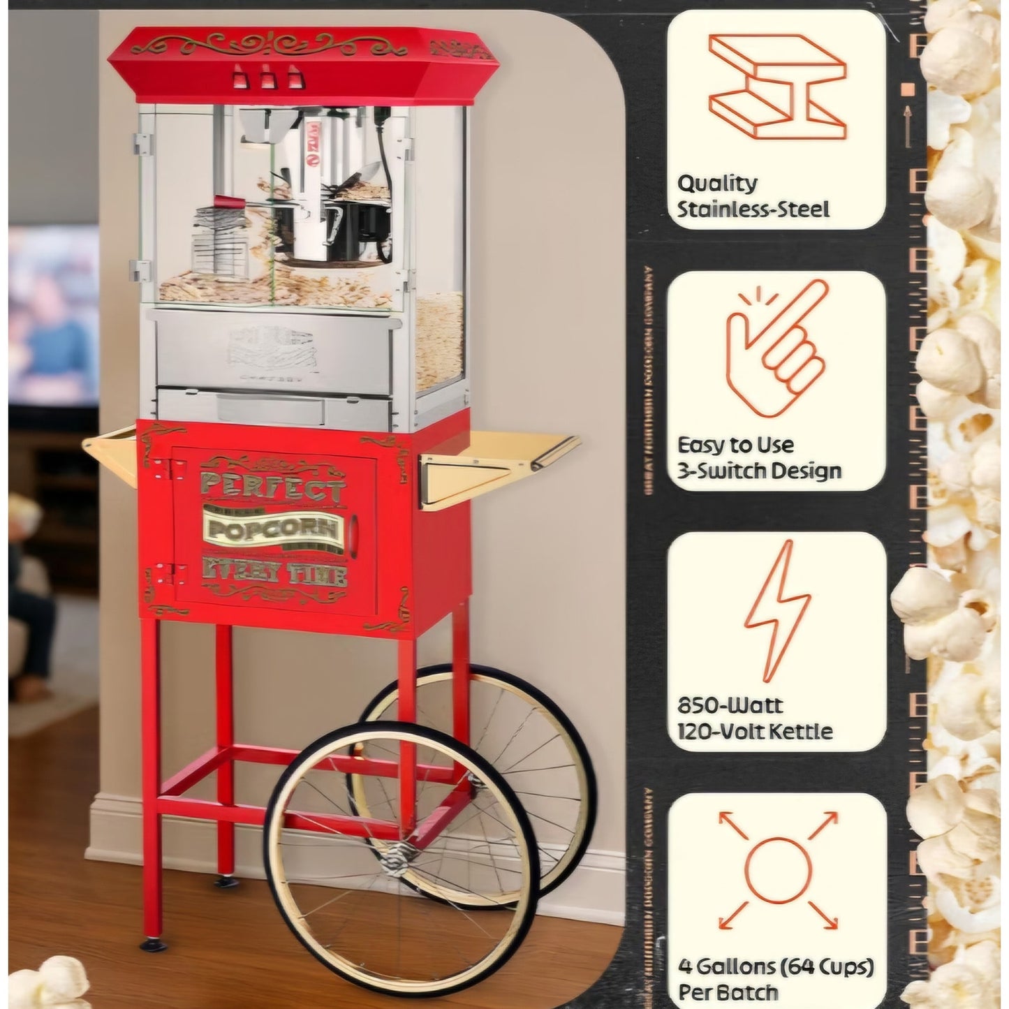 Great Northern Popcorn Company 5995 10 oz. Perfect Popper Popcorn Machine with Cart - Red