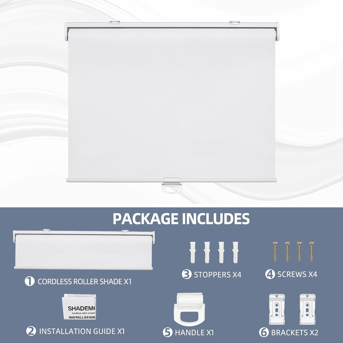 SHADEMOON Cordless Blackout Window Roller Shades, Pull Down Spring System, White, 72"L x 57"W