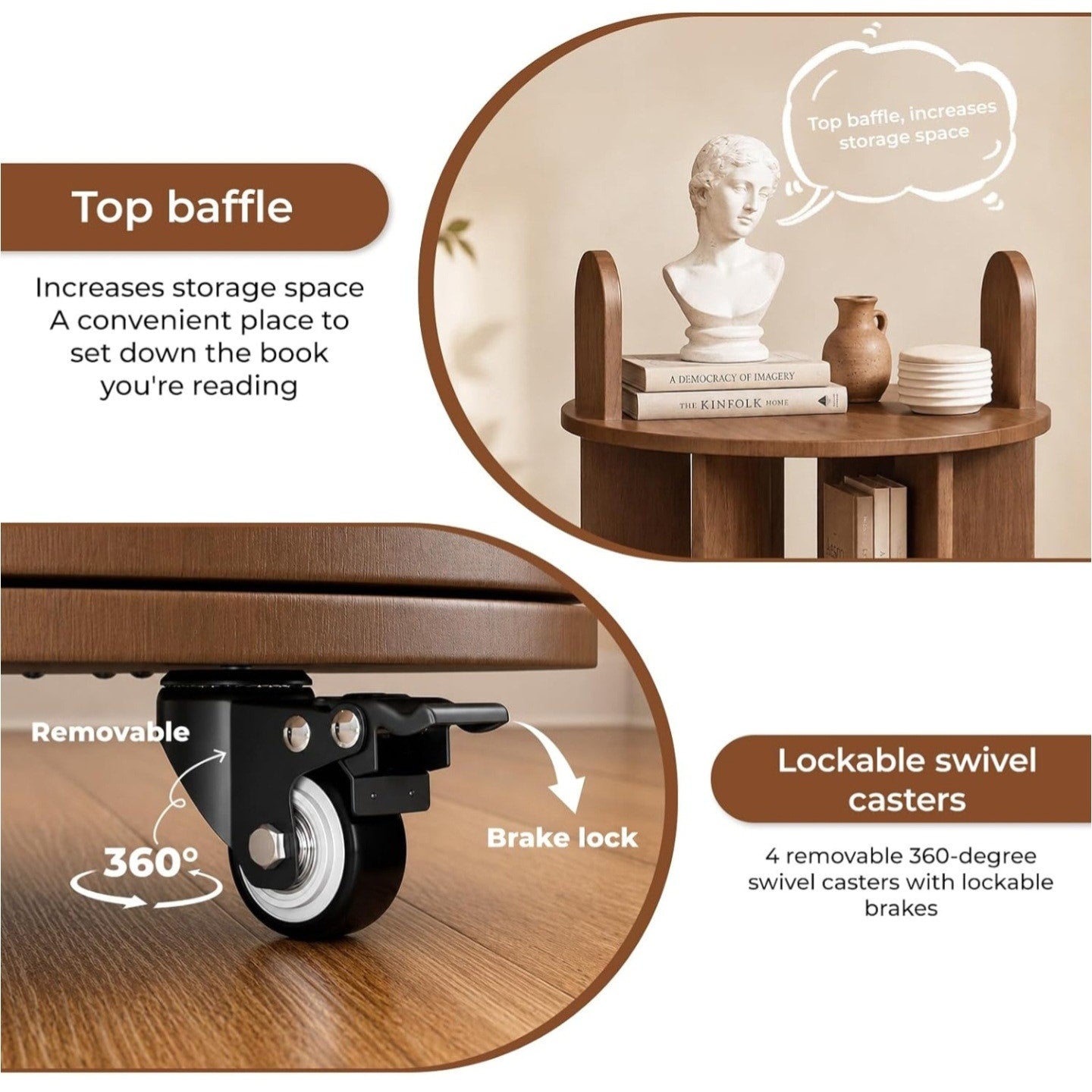 Kryonix Rotating Bookshelf, Solid Wood 4 Tier Spinning Book Shelf Tower, 360° Revolving Bookcase