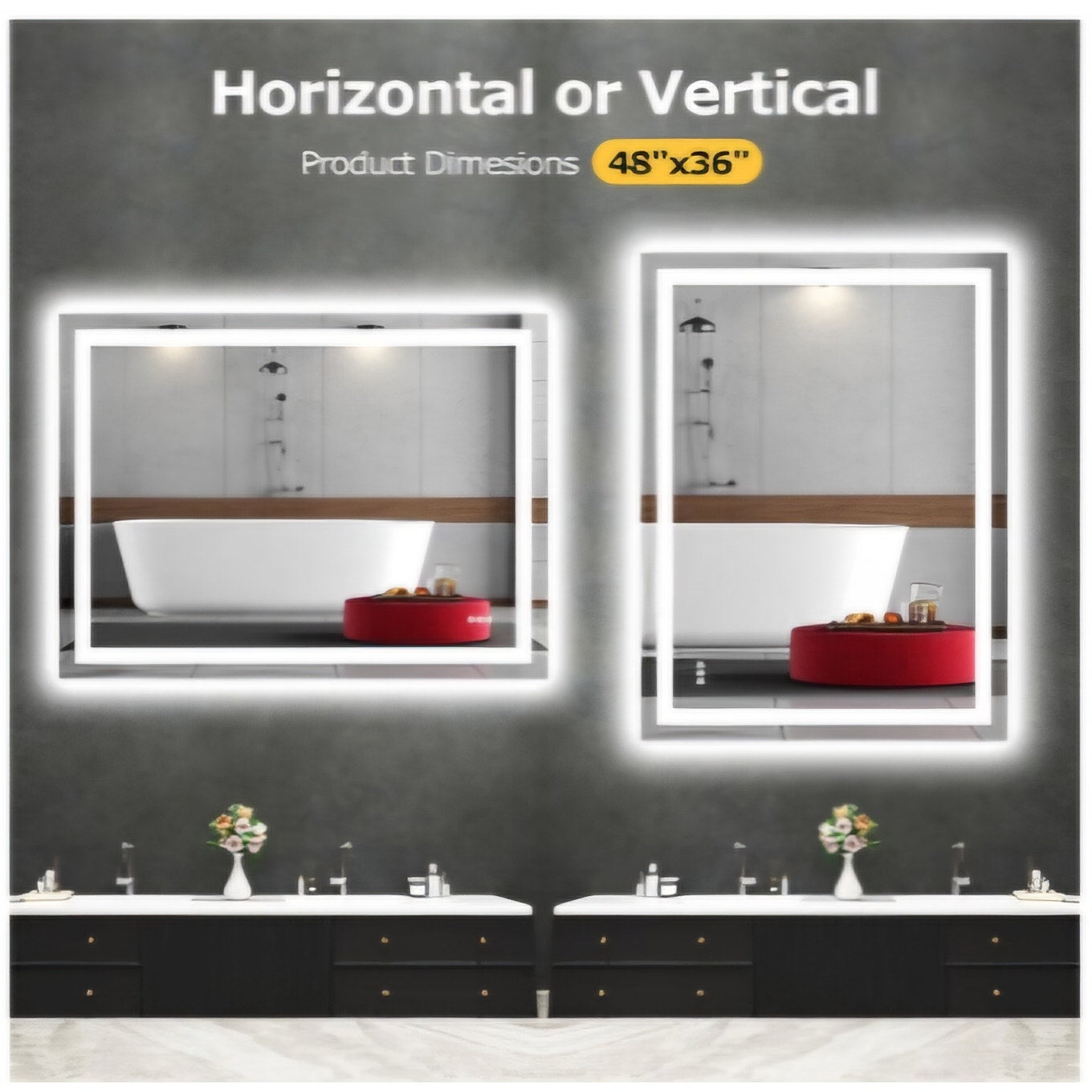 48"X36" LED Bathroom Mirror with Lights, Anti-Fog, Dimmable, Backlit + Front Lit, Smart Bathroom