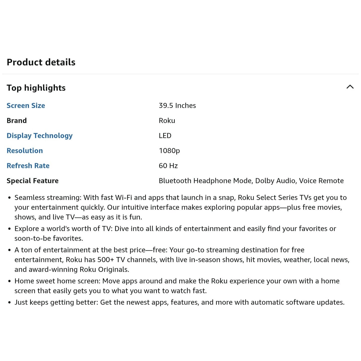 Roku Smart TV 2025 – 40-Inch Select Series, 1080p Full HD TV–RokuTV with Voice Remote – Flat Screen