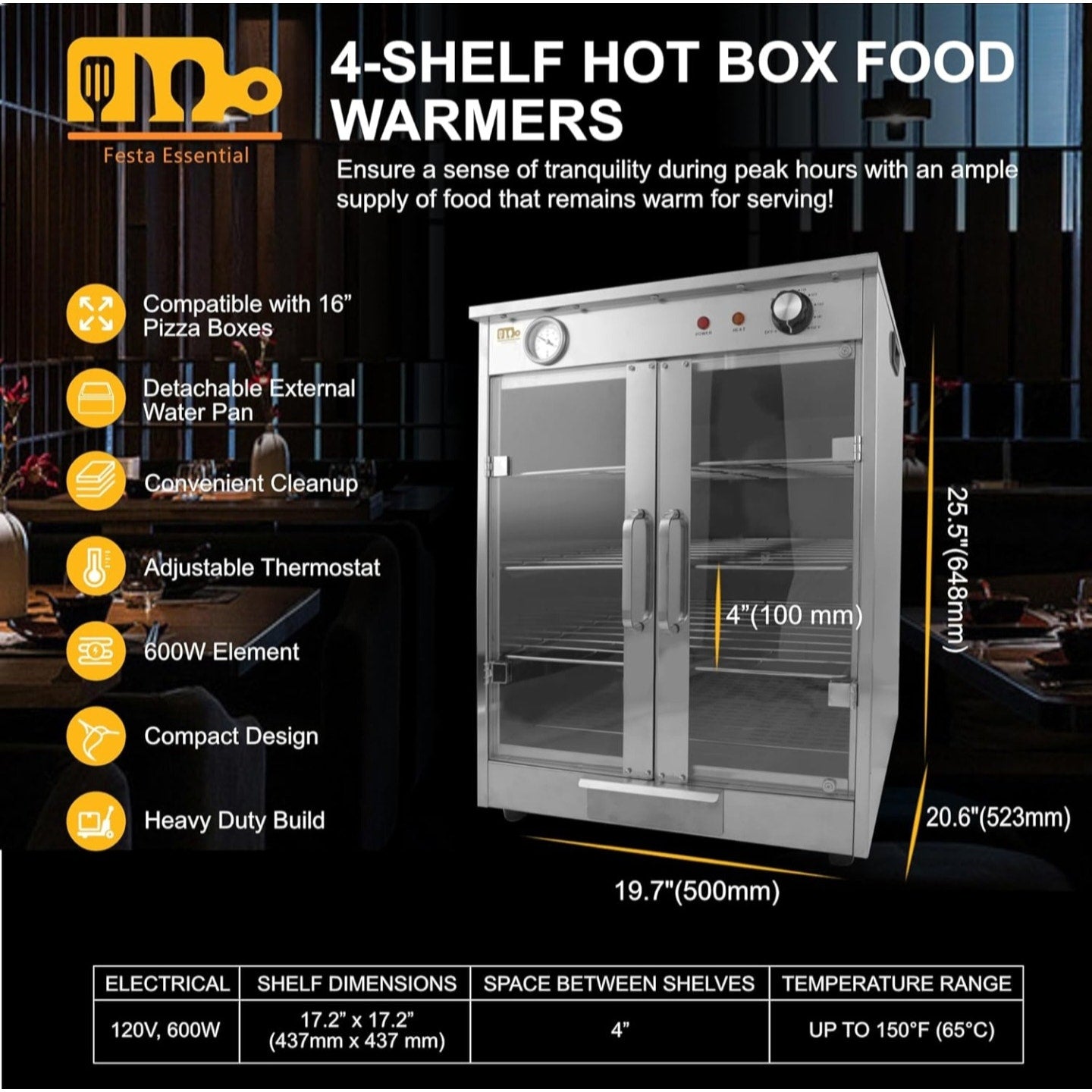 4-Shelf Electric Hot Box Food Warmer Accommodating up to (8) 16" Pizza Boxes, Countertop Heated