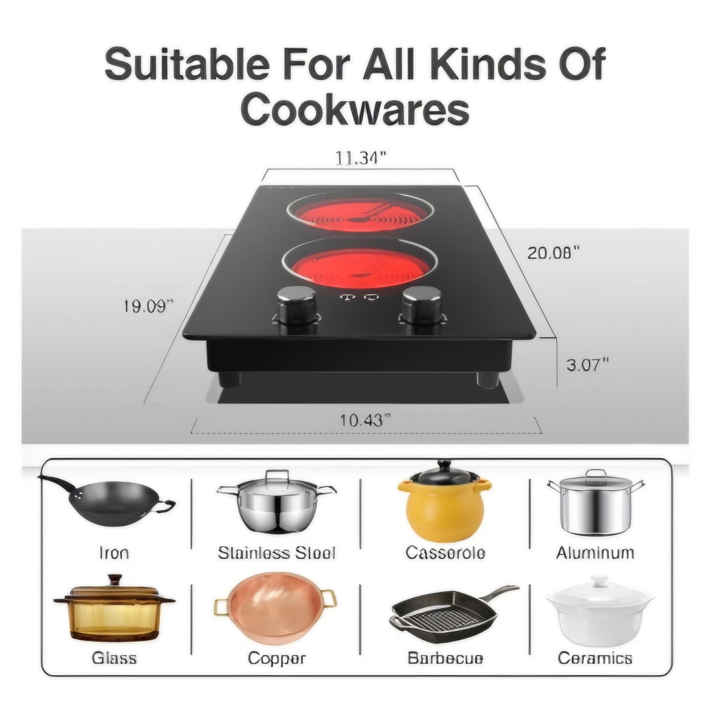Electric Cooktop,110V 2100W Electric Stove Top with Knob Control, 10 Power Levels, Kids Lock &Timer