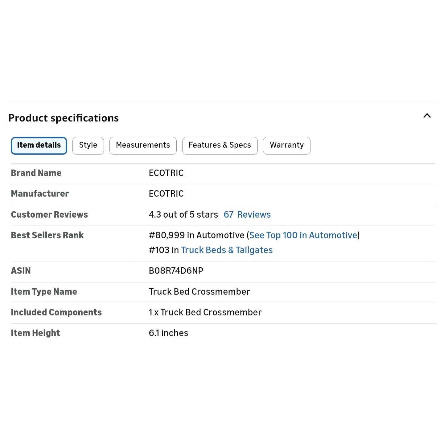 ECOTRIC 5 Long Truck Bed Crossmember Compatible with 1999-2018 F250 F350 F450 Bed Floor