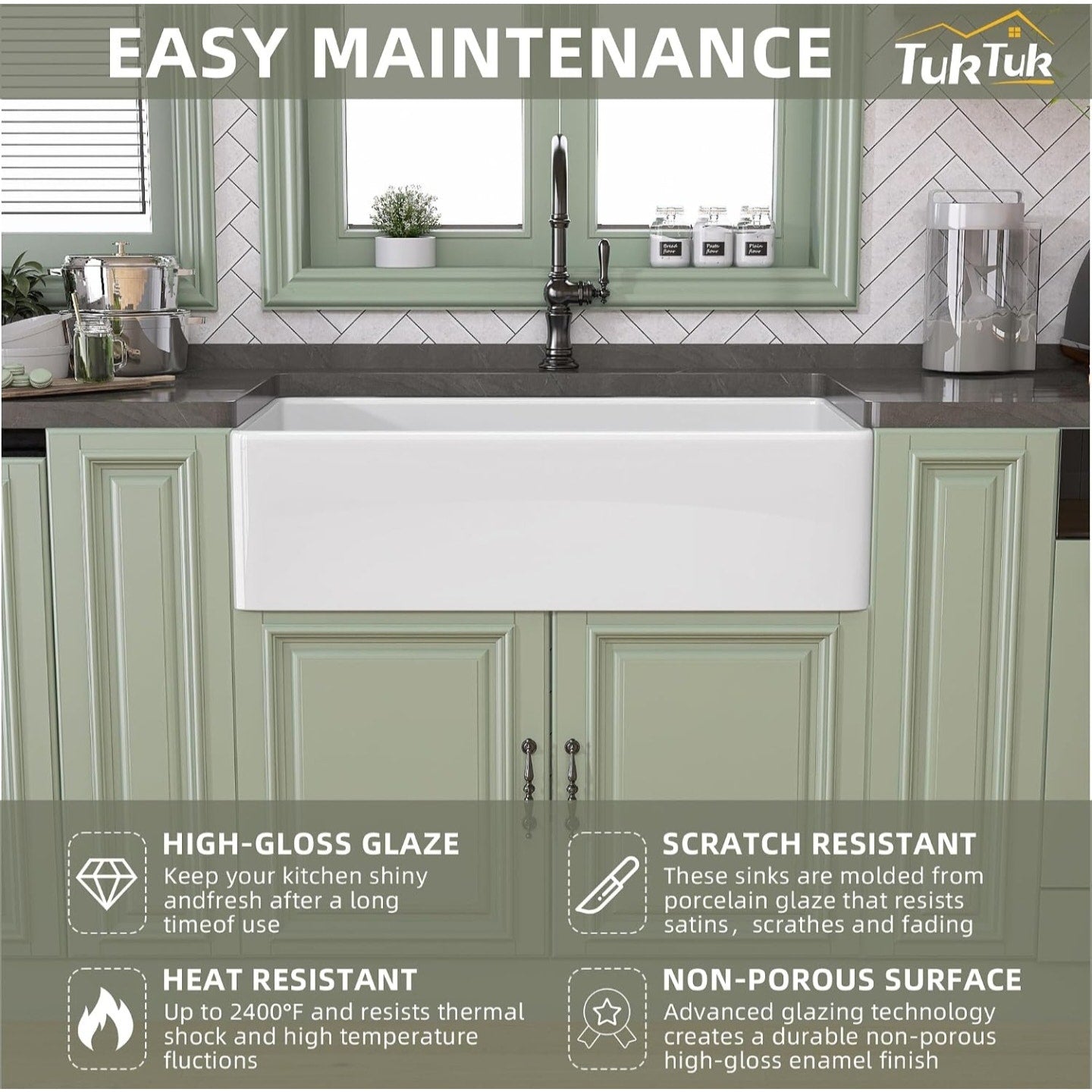TUKTUK White Farmhouse Sink 33X20 Fireclay Farm Sink for Kitchen Apron Undermount