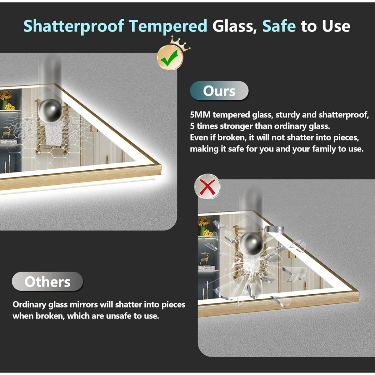 84x32 Gold Framed LED Bathroom Mirror with Lights, Backlit + Front Lit, Anti-Fog Lighted Vanity