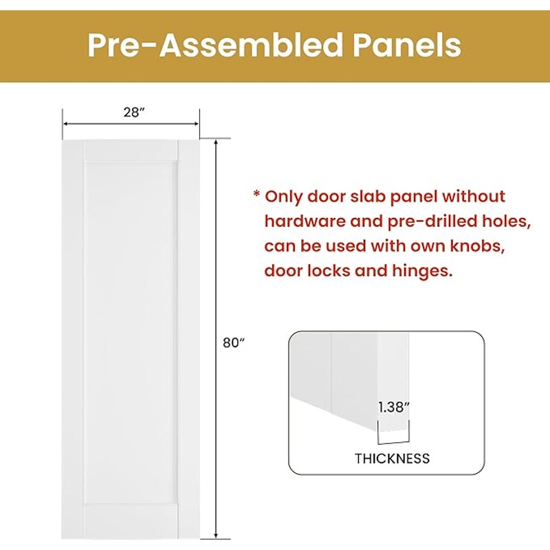 SmartStandard 28inx80in, Slab Door Solid Core French Doors Interior, White Primed, Without Hardware