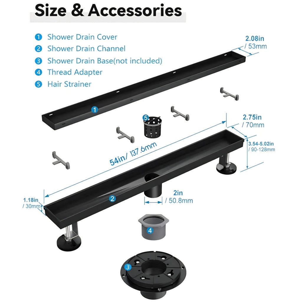 Linear Shower Drain, 54 Inch Black Shower Drain with Removable Tile Insert Grate