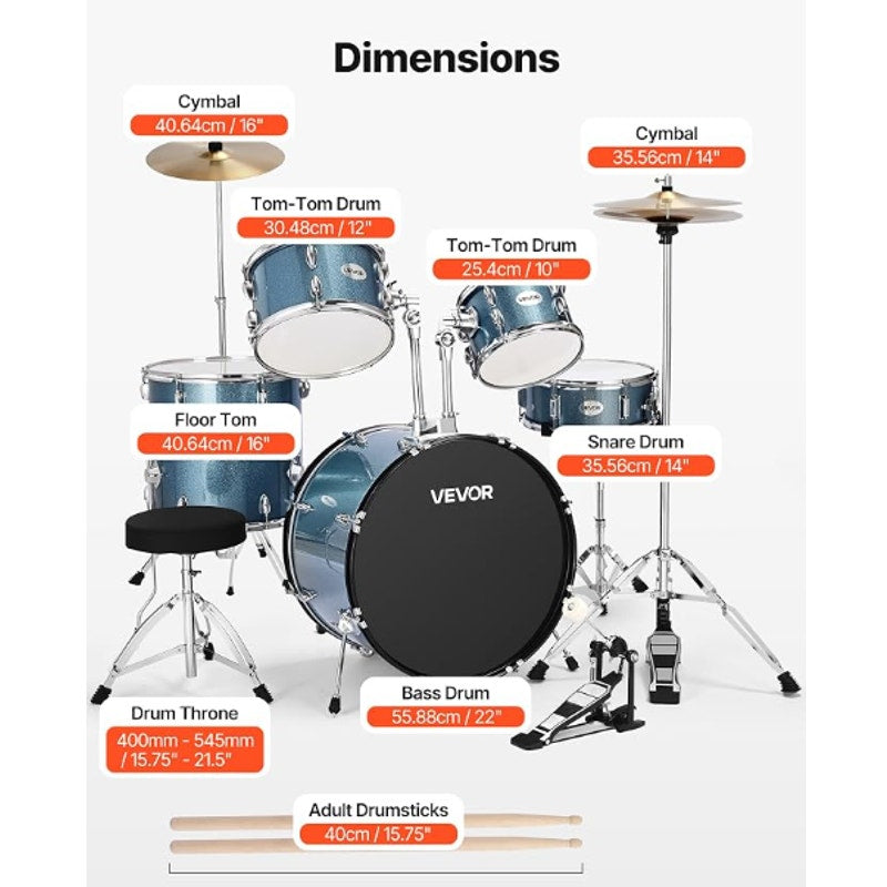 VEVOR Drum Set, 5-Piece 22 in Junior Drum Sets, Beginner Drums Set with Adjustable Throne, Cymbal