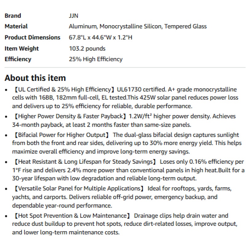 JJN UL61730 850 Watt Bifacial N-Type Rigid Solar Panel, 2Pcs 425W,16BB