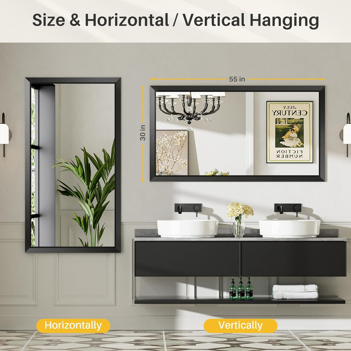 55x30 Inch Black Bathroom Mirror for Wall,Thick Metal Framed Rectangle, Anti-Rust,HD Tempered Glass