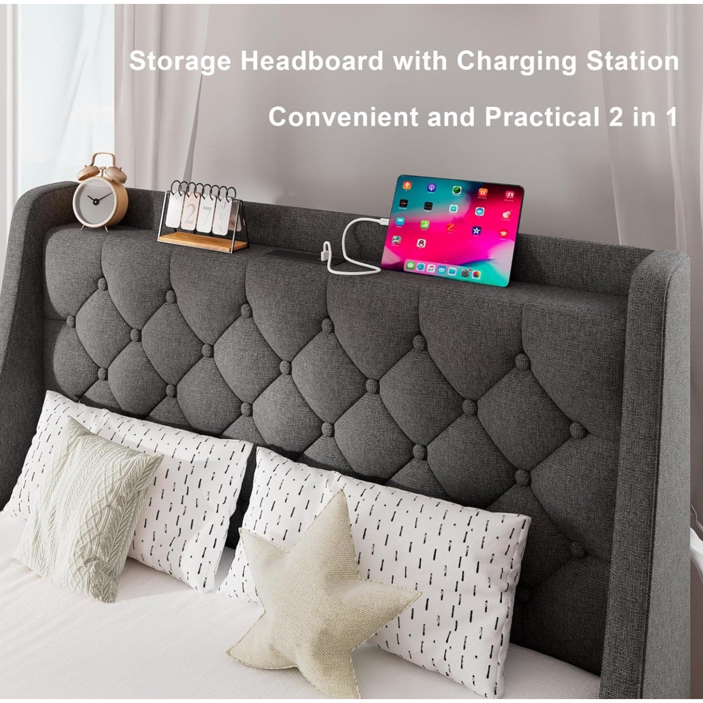 Feonase Twin Bed Frame with 4 Storage Drawers, Upholstered Wingback Headboard, Easy Assembly