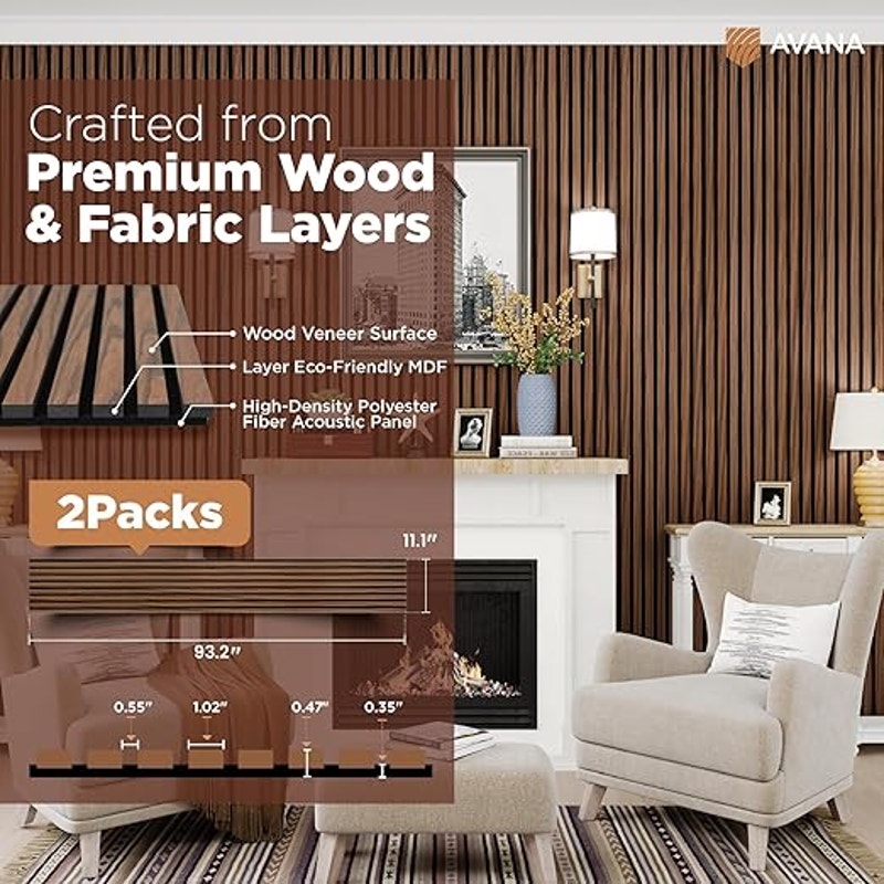 Avana Acoustic Wood Wall Panels, 93.2x11.25 Inch Panels, Fits 94x12 Layout–4 PCs, Durable Wood Panel