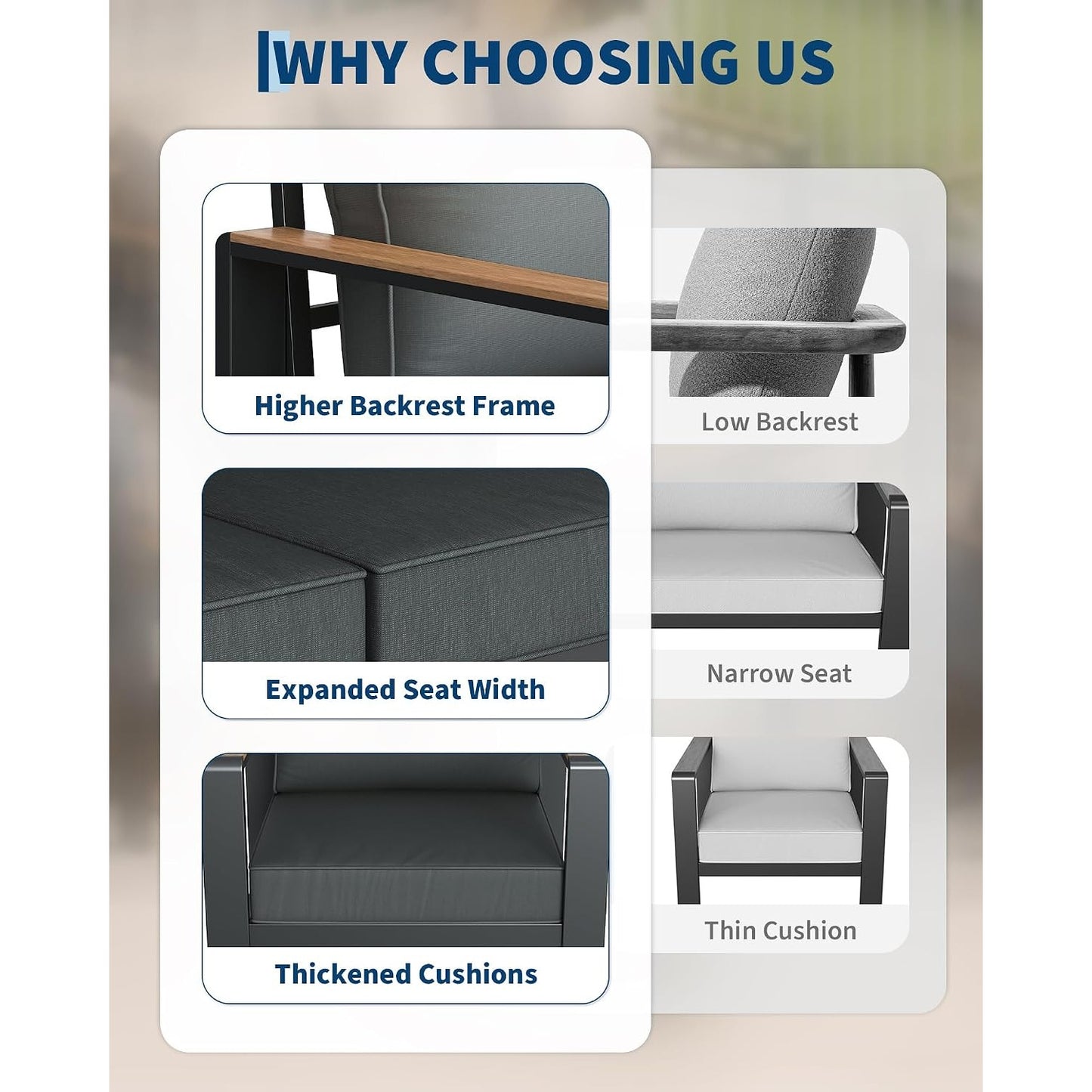 Garvee Aluminum Patio Furniture Set 4 Seats, Generous Outdoor Sectional, Washable Thick. Dark Grey