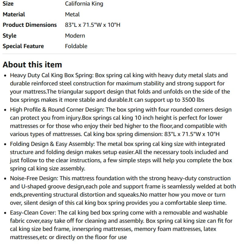 MAF Cal King Size King Box Spring, 10 Inch High Profile, 3500 lbs Black Heavy Duty Metal Mattress.