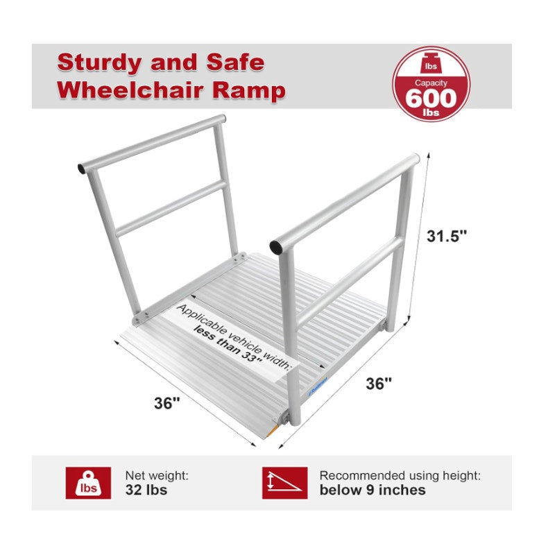 Ruedamann 36" Wide Aluminum Wheelchair Ramp with Handrails, Non-Slip Extra-Wide Platform