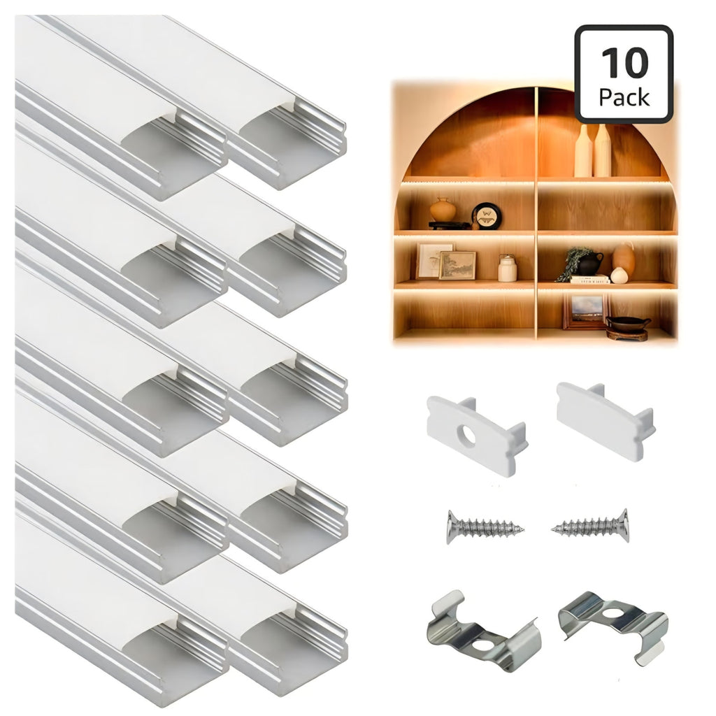 10Pack 6.6FT/2M LED Channel Aluminum U Shape Silver LED Strip Diffuser Channel with Milky White