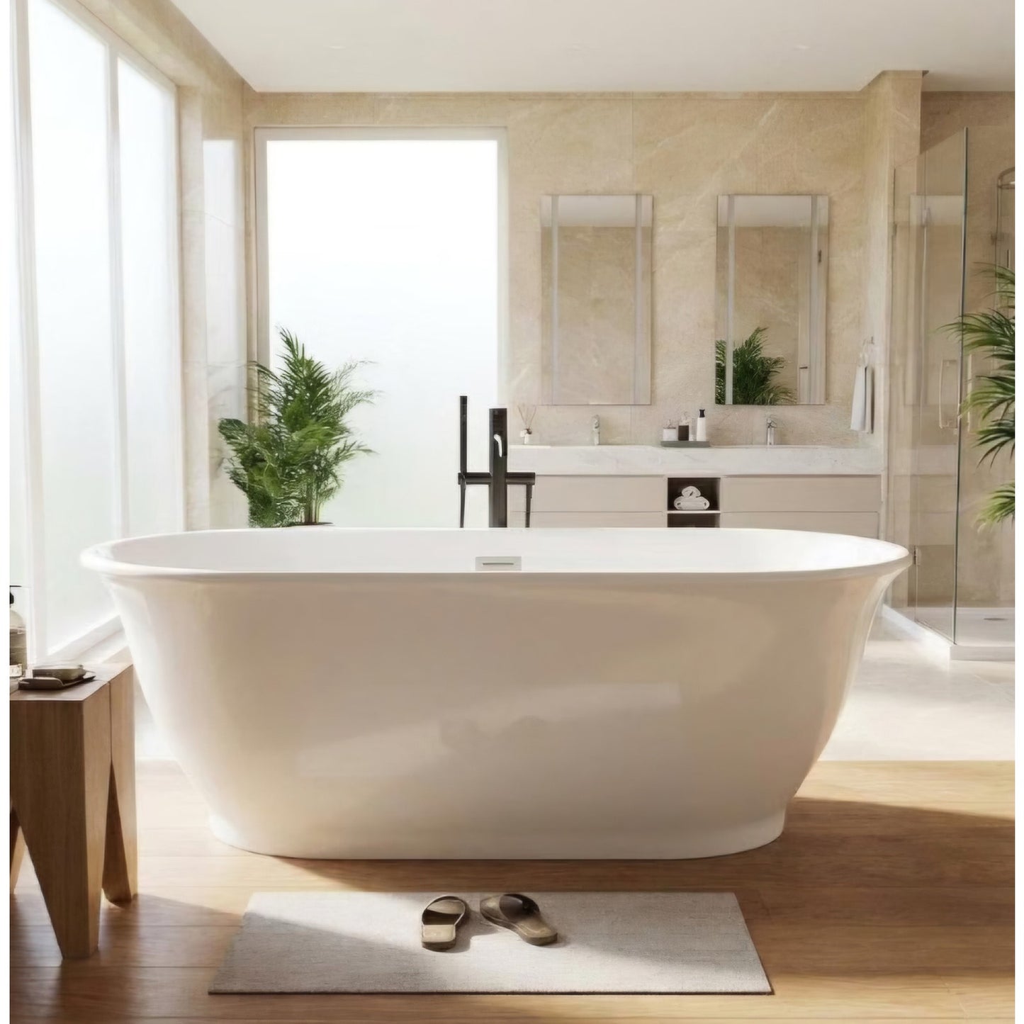 59 Inch Freestanding Bathtub, Luxury Oval-Shaped Acrylic Soaking Tub, Modern Stand