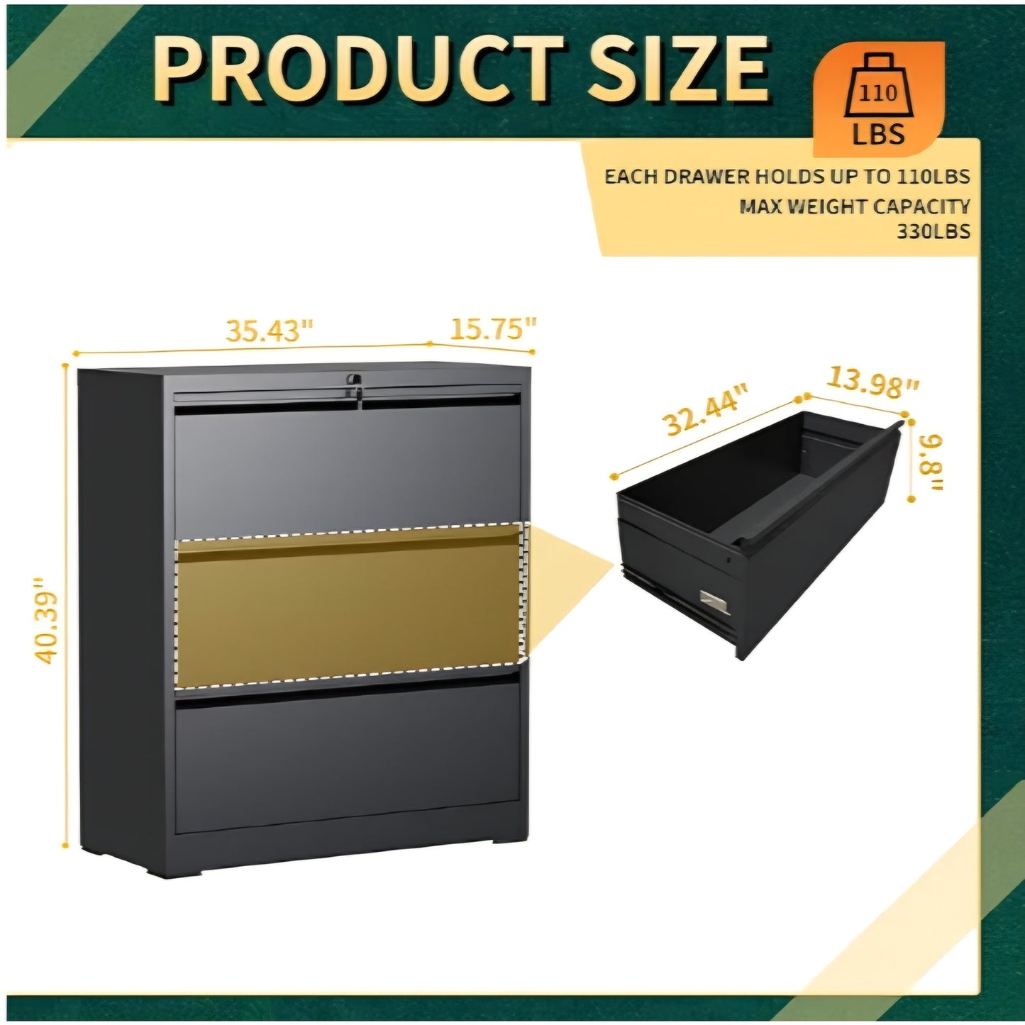 3 Drawer Lateral File Cabinet with Lock, Metal File Cabinets for Home Office