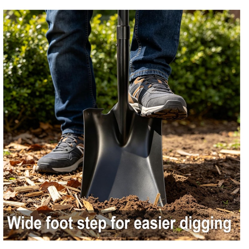 Square Shovel for Digging, Heavy Duty Metal Shovel with Long Fiberglass Handle