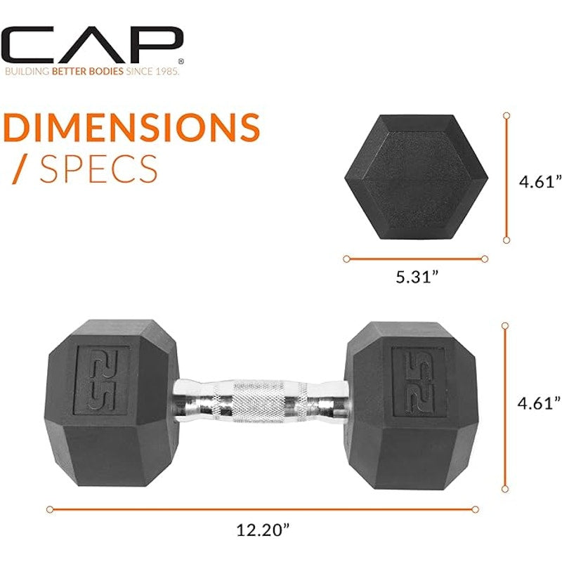CAP Rubber Coated Dumbbell Weights, with  Chrome & Comfort Grip Handles, Singles. 25 Lb