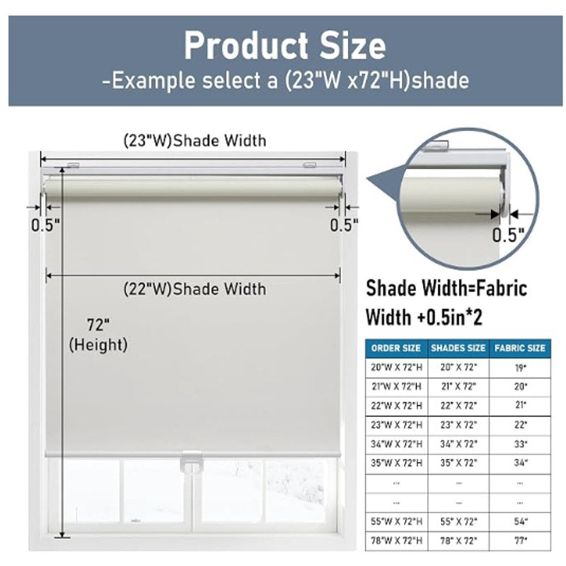 IVORY AOSKY Blackout Cordless Roller Shade for Indoor Windows (70"W x 72"H OR 62"W x 72"H)