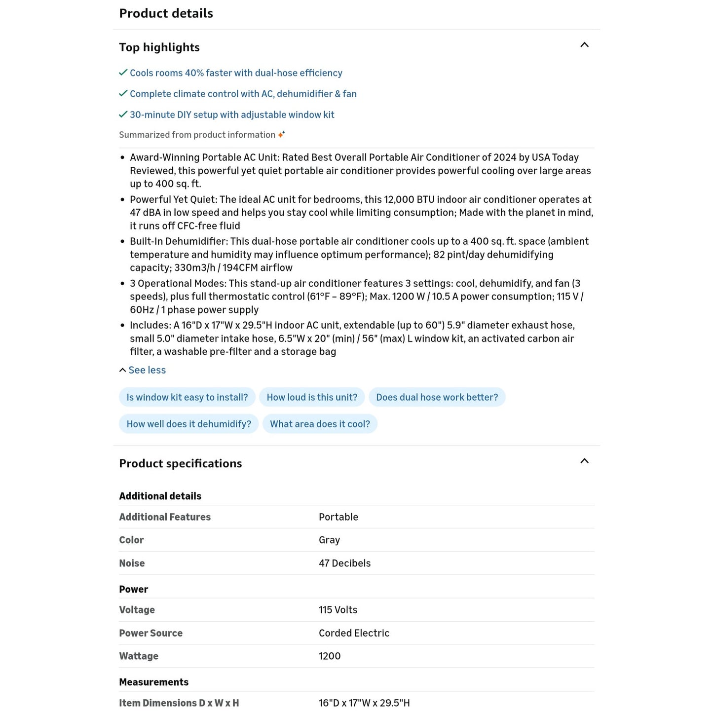 Whynter Portable Air Conditioner 12,000 BTU with Dual Hose Dehumidifier & Cooling Fan for 400 Sq Ft