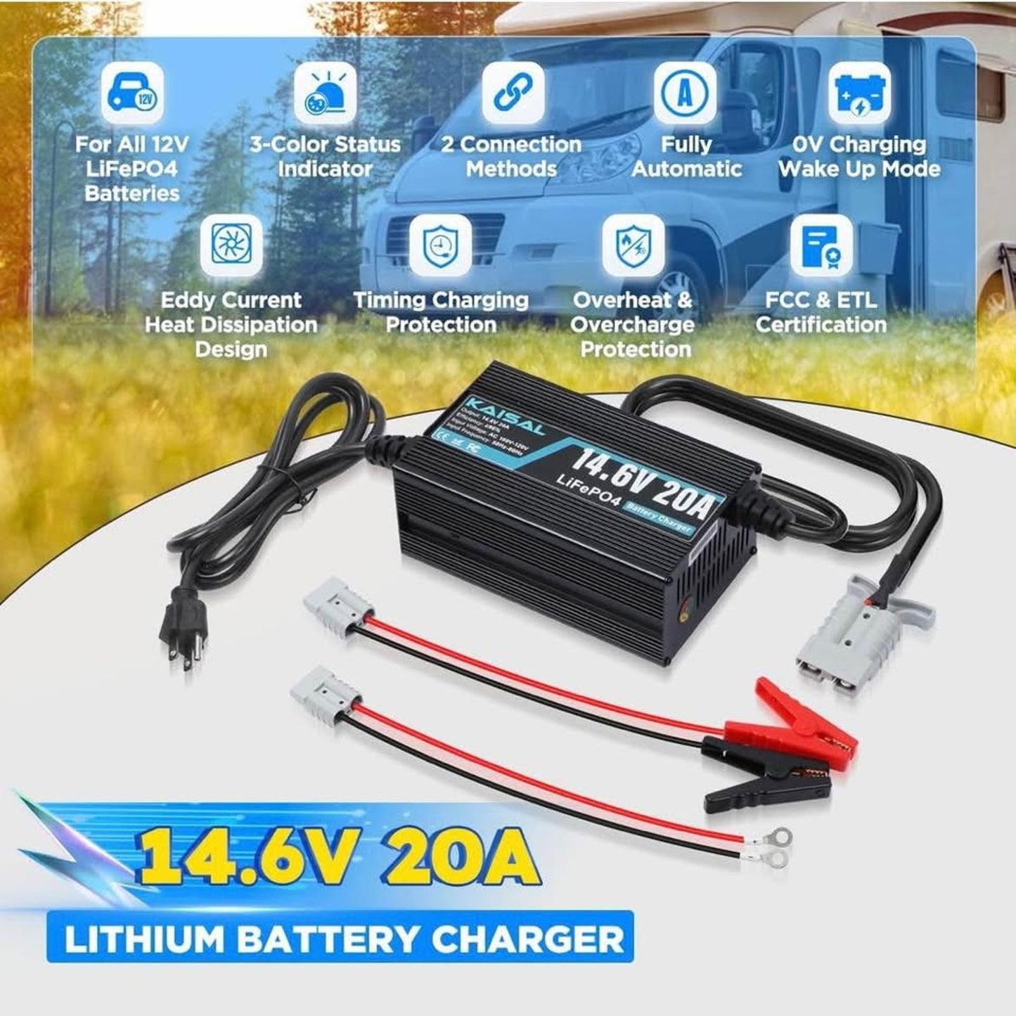 12V 20A Lithium Battery Charger 14.6V LiFePO4 Battery Charger for 12.8V LiFePO4 Lithium