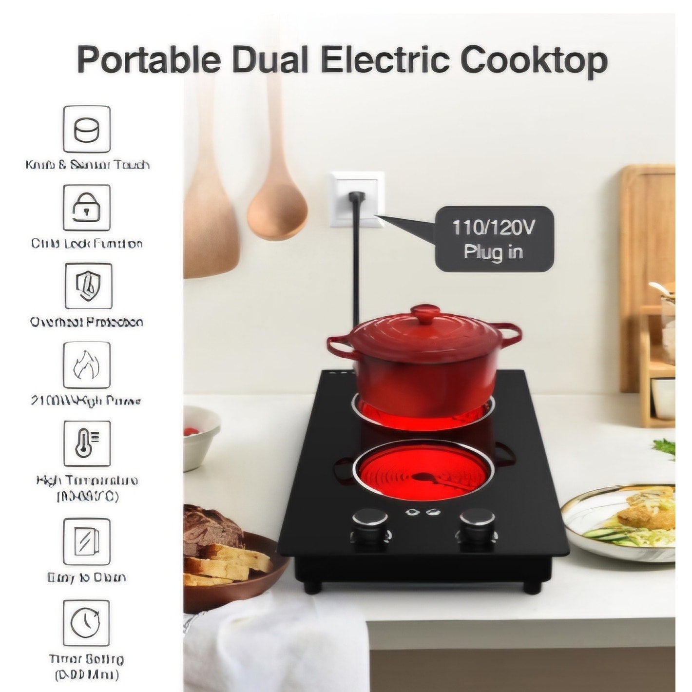 Electric Cooktop,110V 2100W Electric Stove Top with Knob Control, 10 Power Levels, Kids Lock &Timer