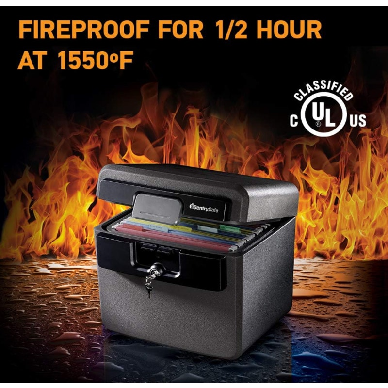 SentrySafe Black Fireproof and Waterproof Safe, File Folder and Document Box with Key Lock