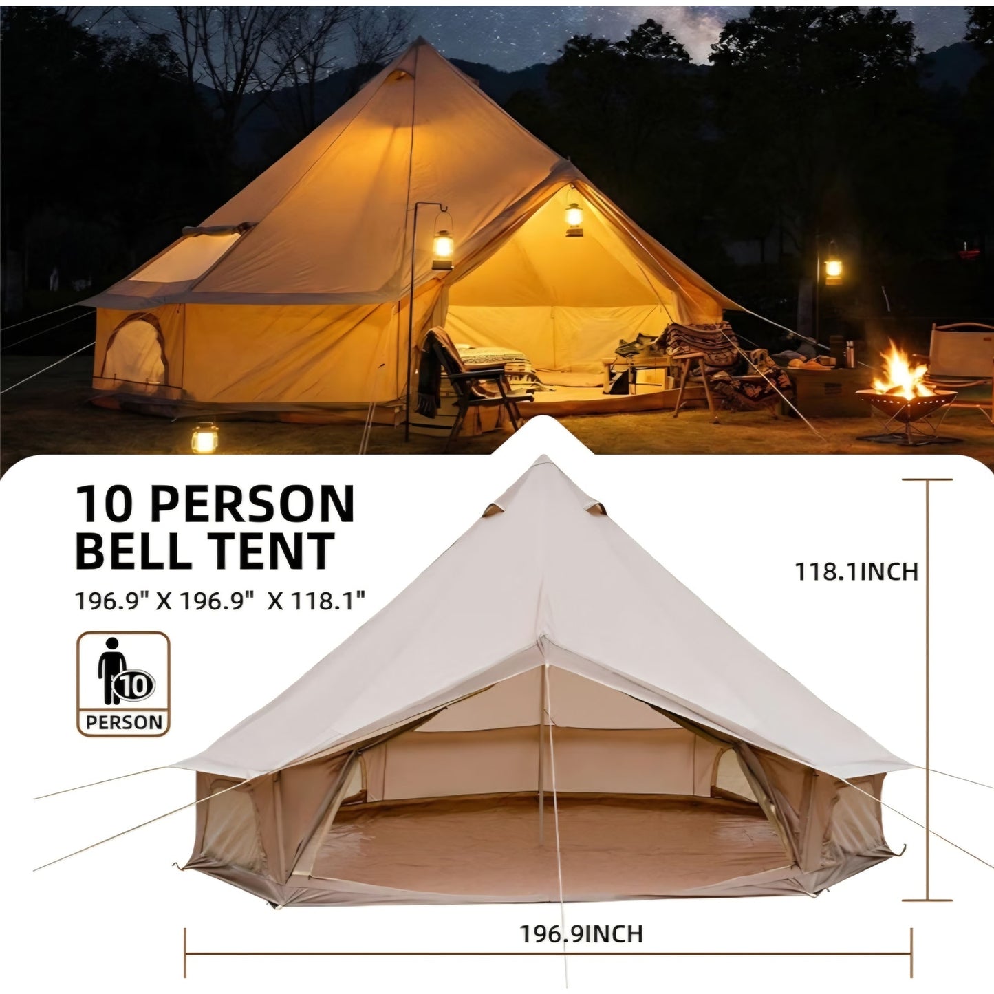 4 Season Canvas Bell Tent 9.8 FT-16.4 FT Waterproof All Weather Glamping Yurt Tent, Luxury Hot Tent