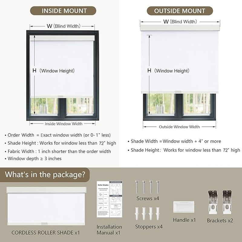 SUNOFF Cordless Blackout Roller Shades Blinds for Windows Free-Stop,White 34" W x 72" H.Pull Down.