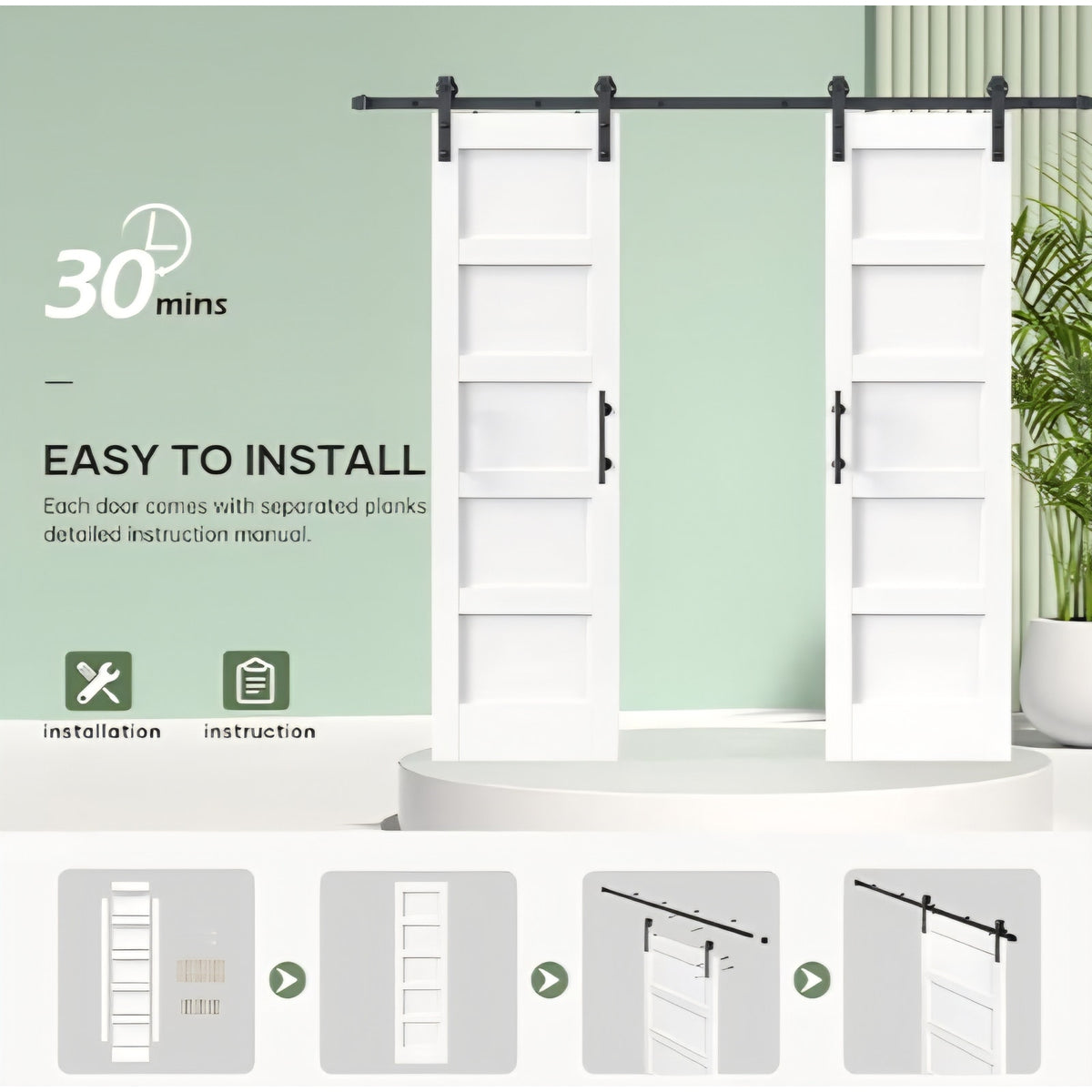 Double 24×84 Inch White Sliding Barn Door Slab with 8ft Hardware Kit Included, 5-Panel