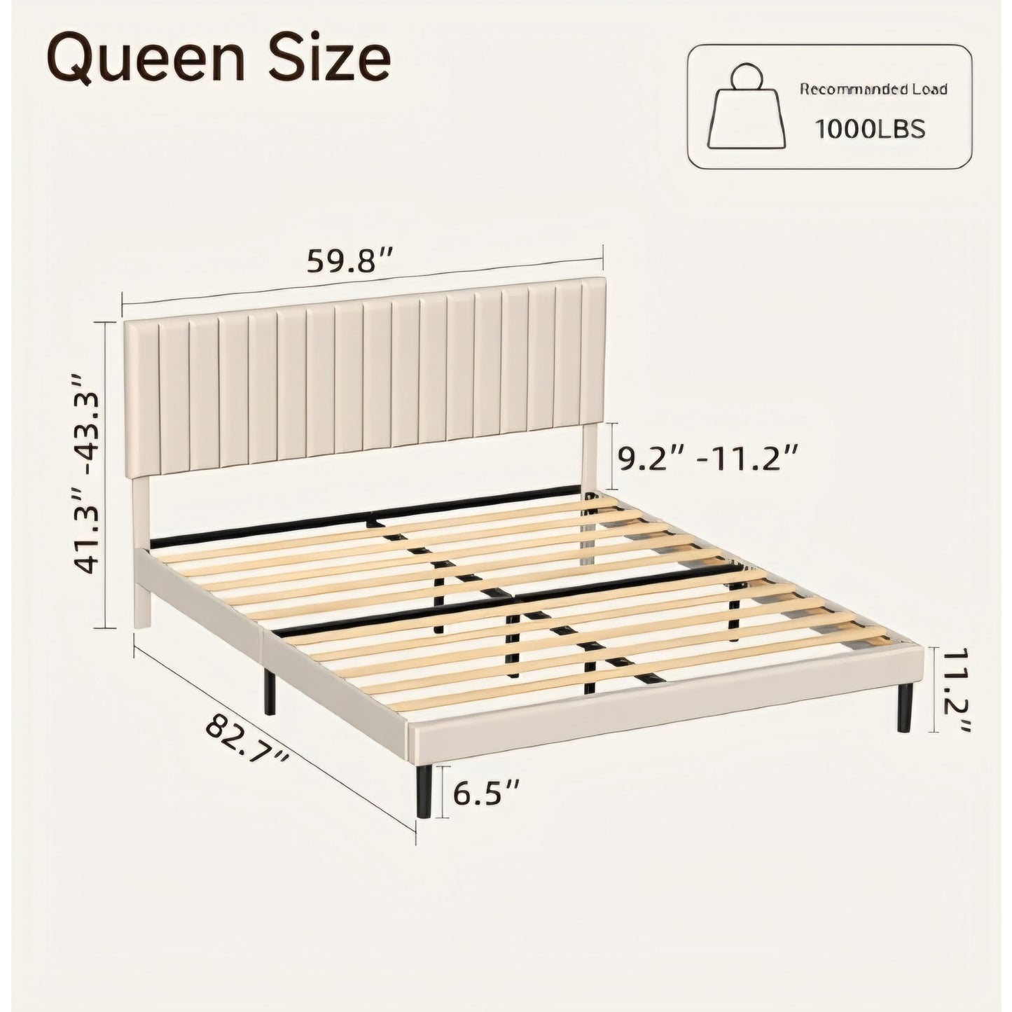 Queen Size Platform Bed Frame with Vertical Channel Tufted Headboard
