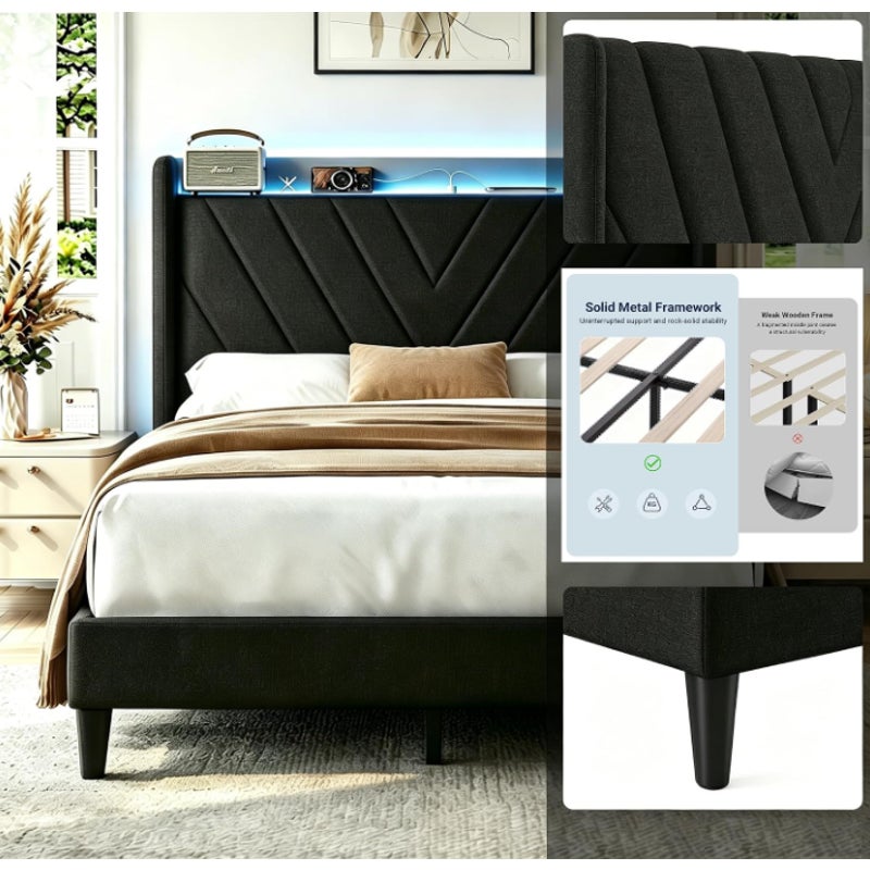 Full Size Bed Frame with Charging Station and LED Lights, Wingback Bed Frame with Headboard