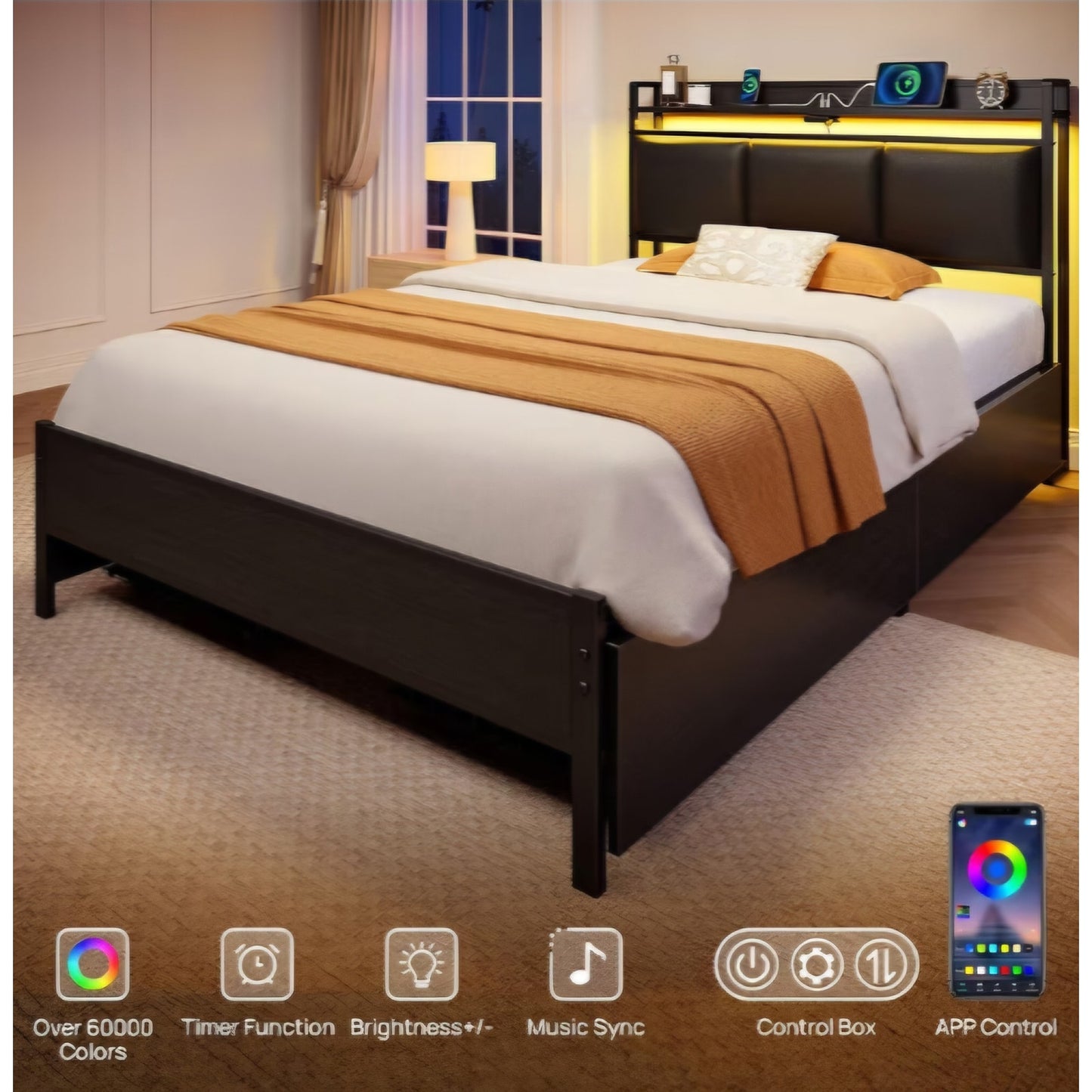 Rolanstar Bed Frame Twin Size with Charging Station and LED Lights