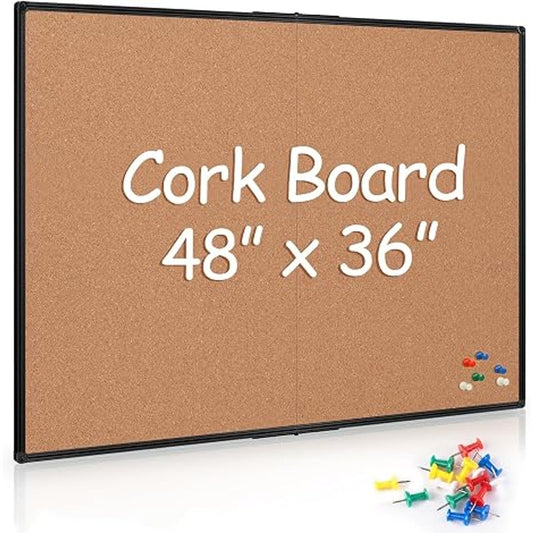 Cork Board Bulletin 36x48, Foldable Notice, for Wall, Black Al Framed 4x3 Corkboard,  36 Push Pins