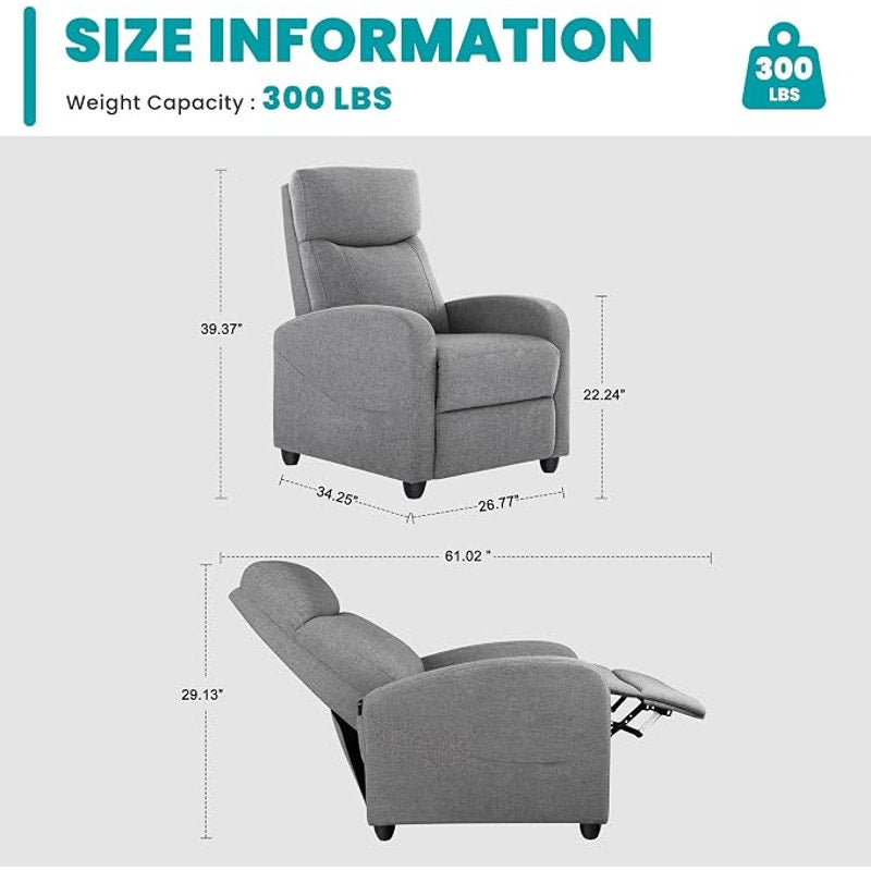 Sweetcrispy Recliner Chair Fabric, Sofa No Massage, Home Theater Seating, Lumbar Support, Grey.