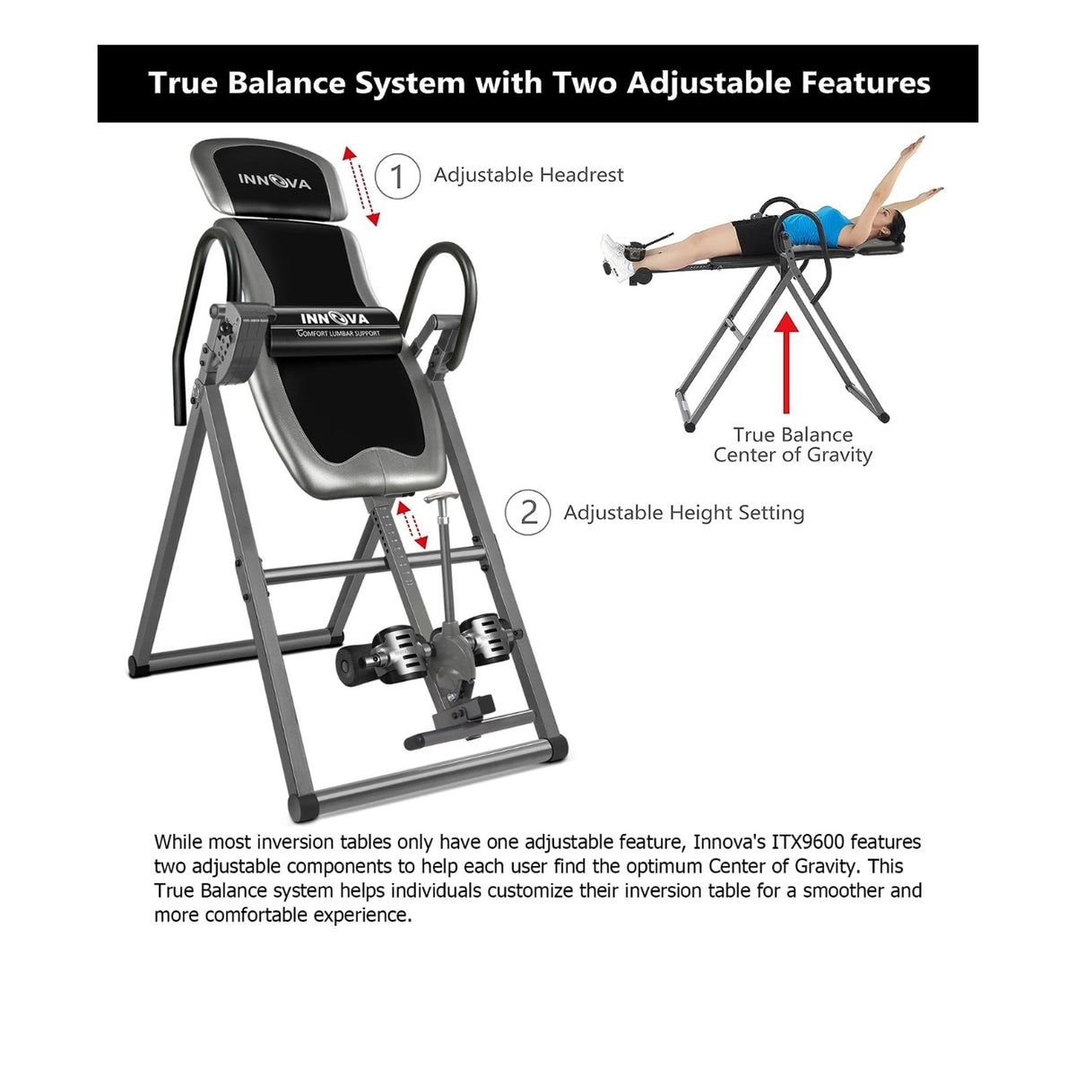Innova Inversion Table with Adjustable Headrest, Reversible Ankle Holders