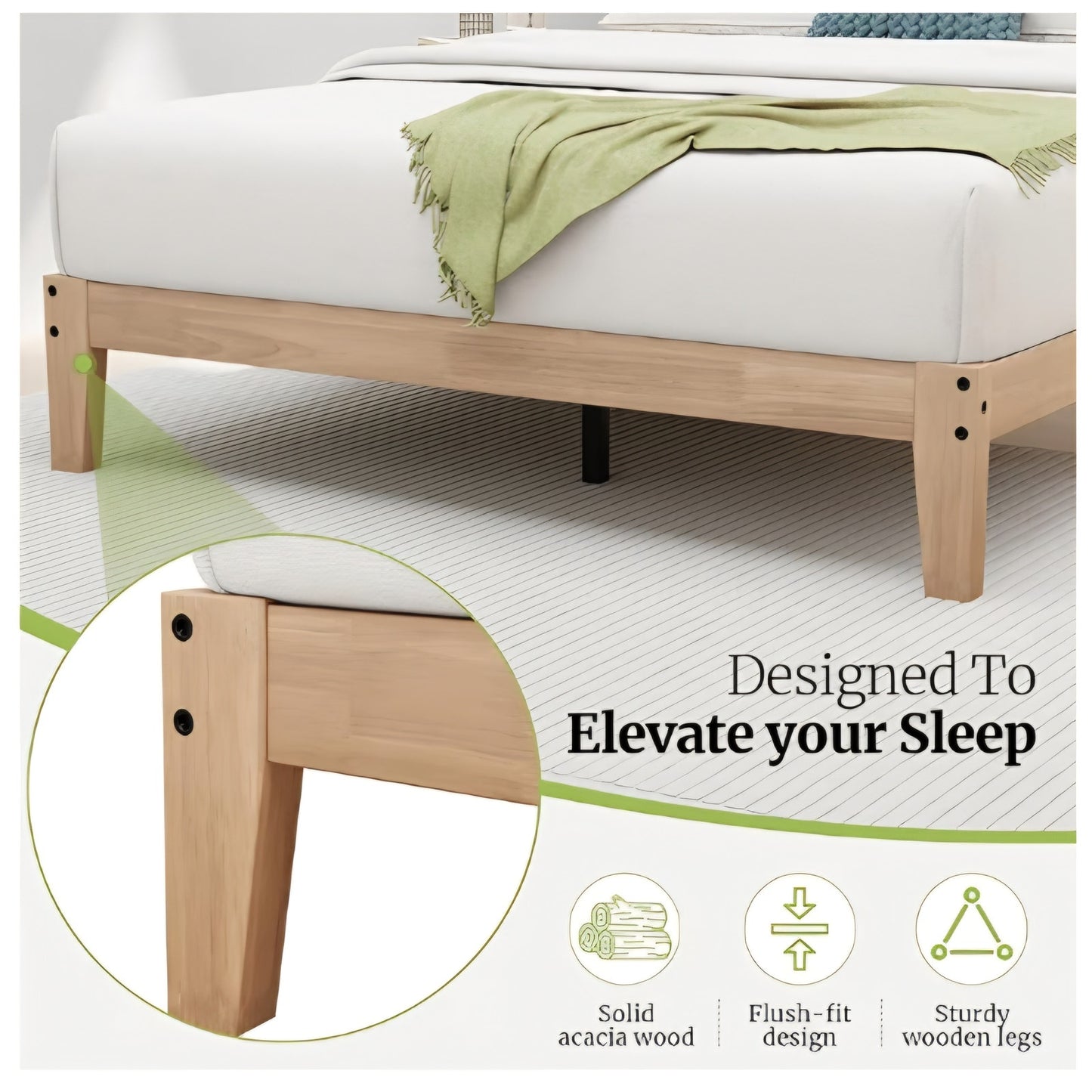 Queen Bed Frame, 12 Inch Solid Wood Platform Bed with Wooden Slats
