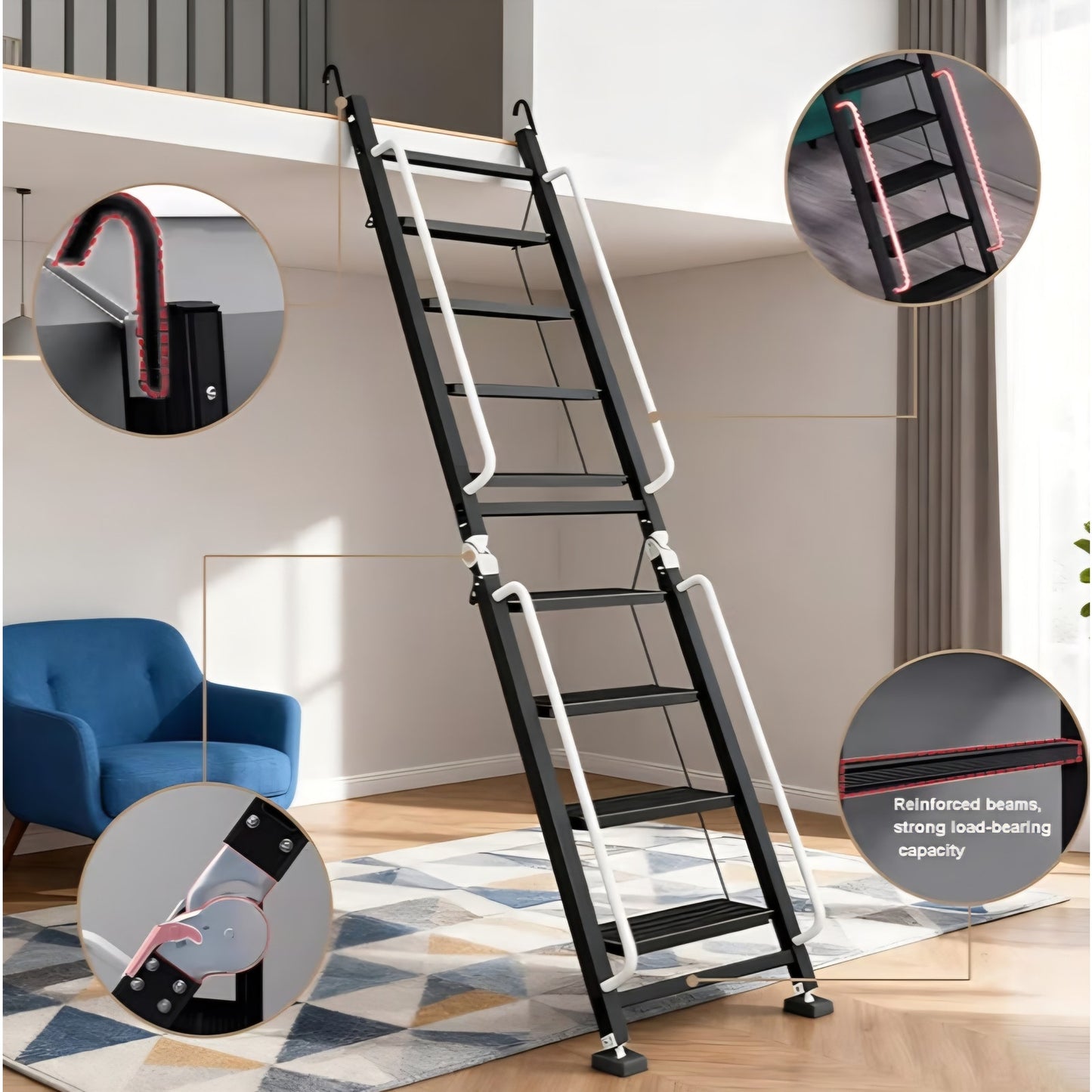 Foldable Aluminum Loft Stairs Ladder, 12 Step Folding Bunk Bed Ladders with Handrails