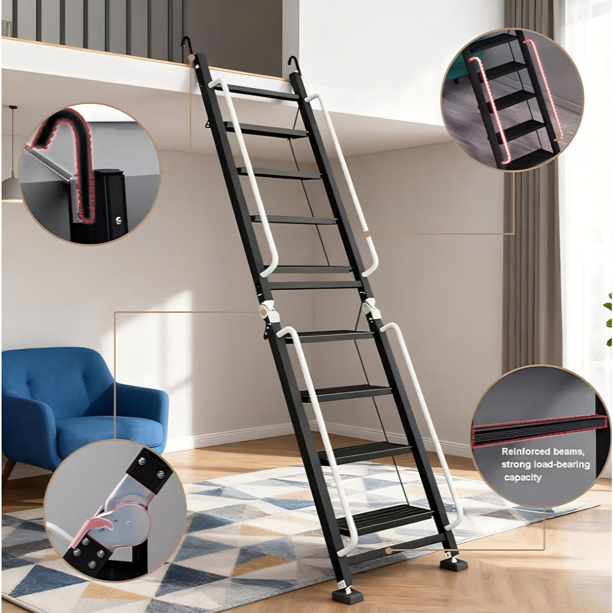 Foldable Aluminum Loft Stairs Ladder, 12 Step Folding Bunk Bed Ladders with Handrails