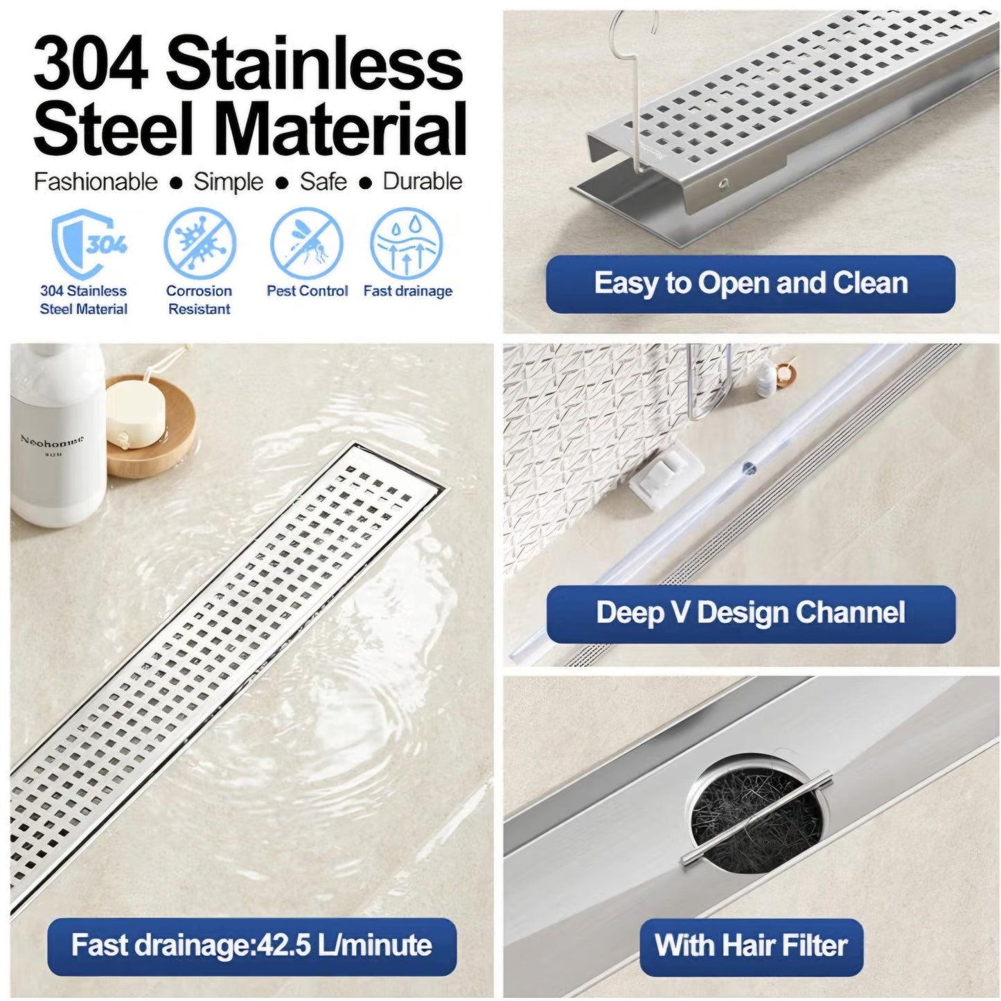 Neodrain 72" Linear Shower Drain, Brushed 304 SS Bathroom Linear Drain,cUPC