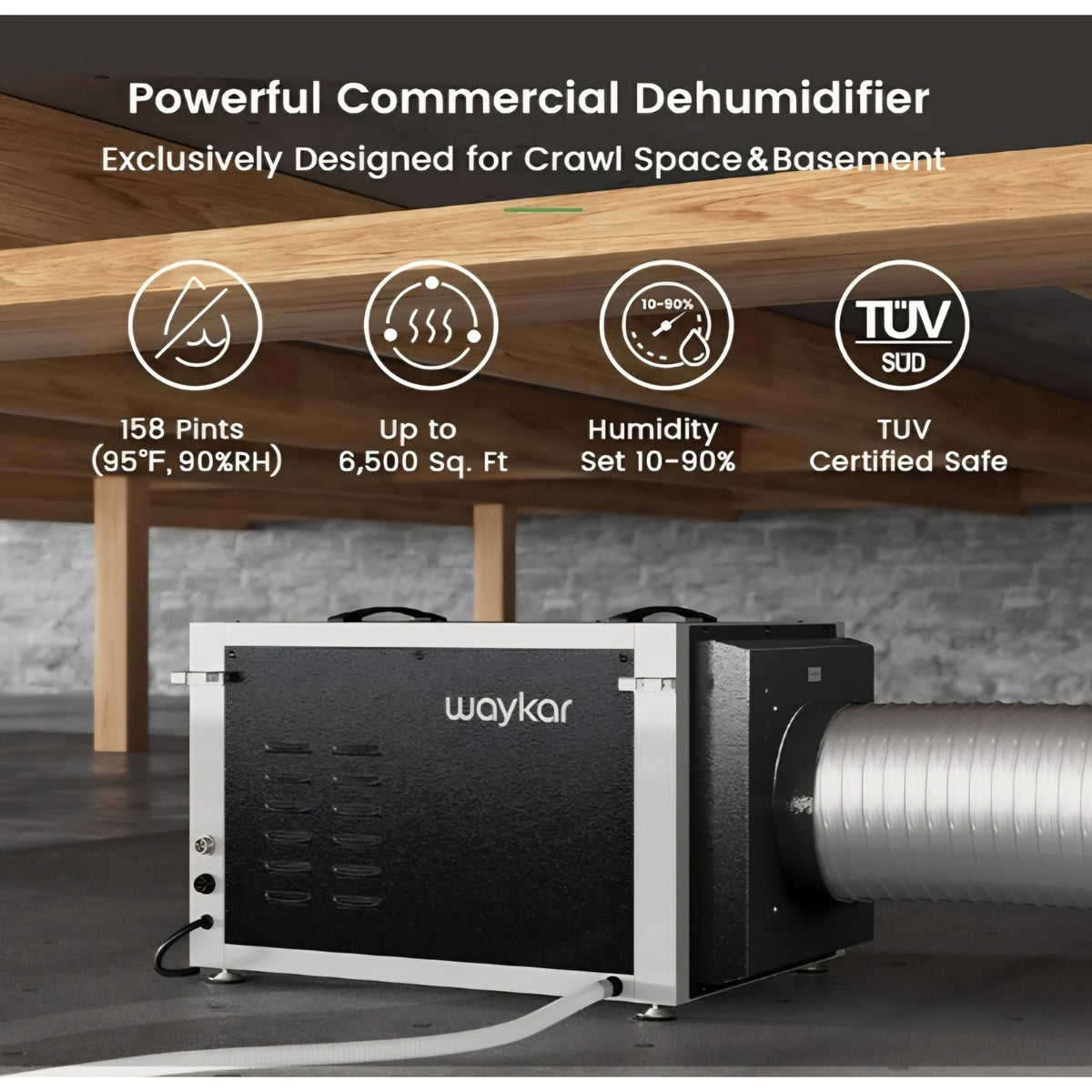 Waykar 158 Pints Crawl Space Dehumidifier with Remote Control up to 6,500 sq. ft., Dual Duct HVAC