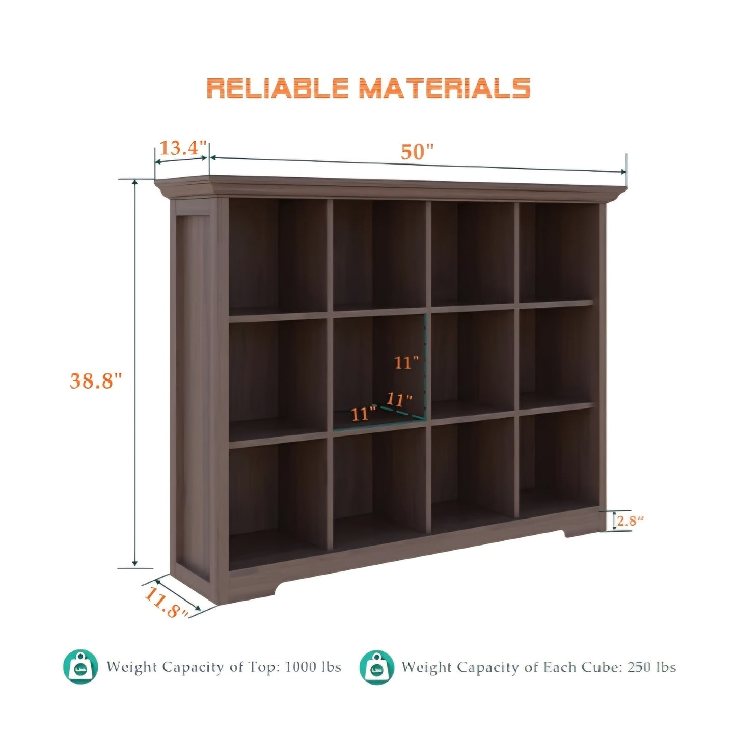 Cube Shelf Bookcase with Base - Wooden 3 Tiers Floor Standing Low Storage Cabinet for Home