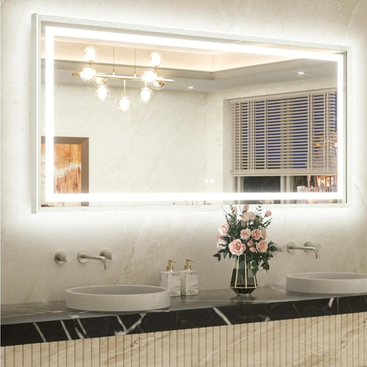 TETOTE 60 x 30 Large Bathroom Mirror Brushed Nickel Metal Frame Frontlit & Backlit Vanity Mirror