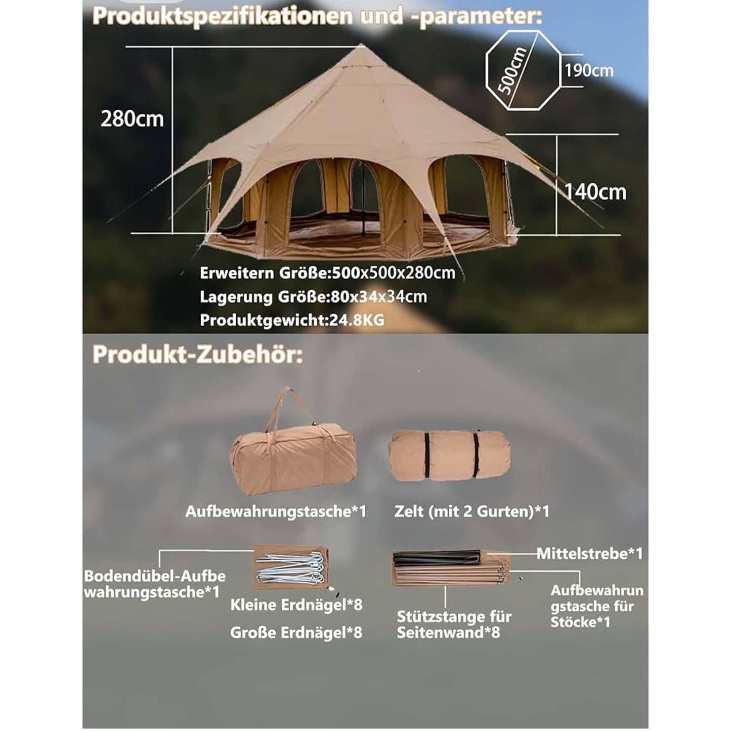 Cotton Canvas Tent Bell - Yurts Breathable and Windproof,Glamping for 6/8/10Person Family Camping