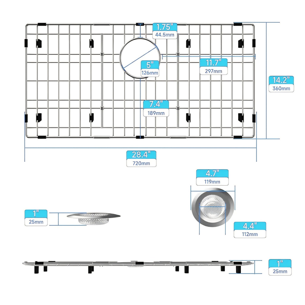 Sink Protector Grid, 28-3/8" x 14-3/16" Stainless Steel Sink Bottom Grid Rear Drain